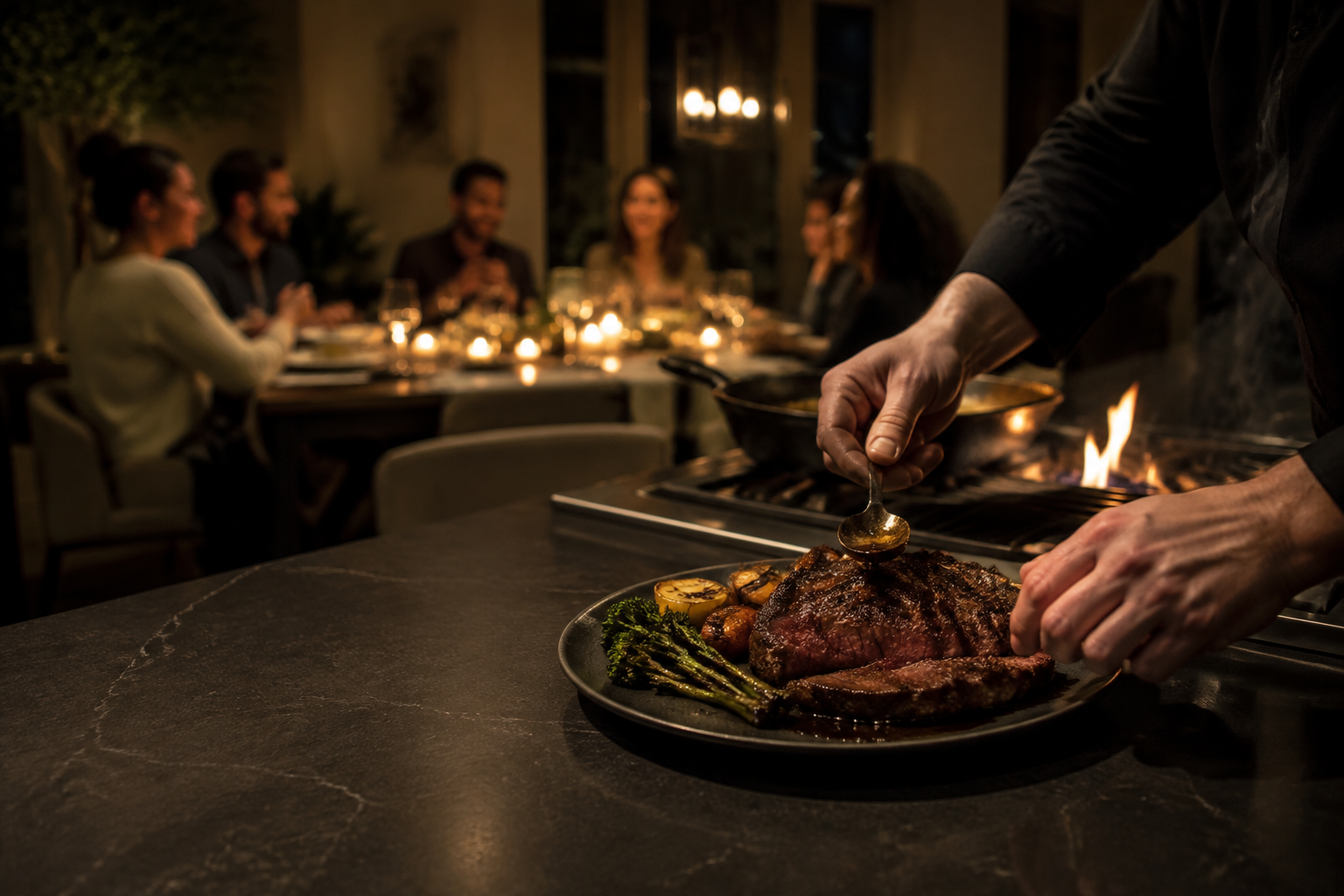 A Brulento cook finishing a steak in a warmly lit private dining room