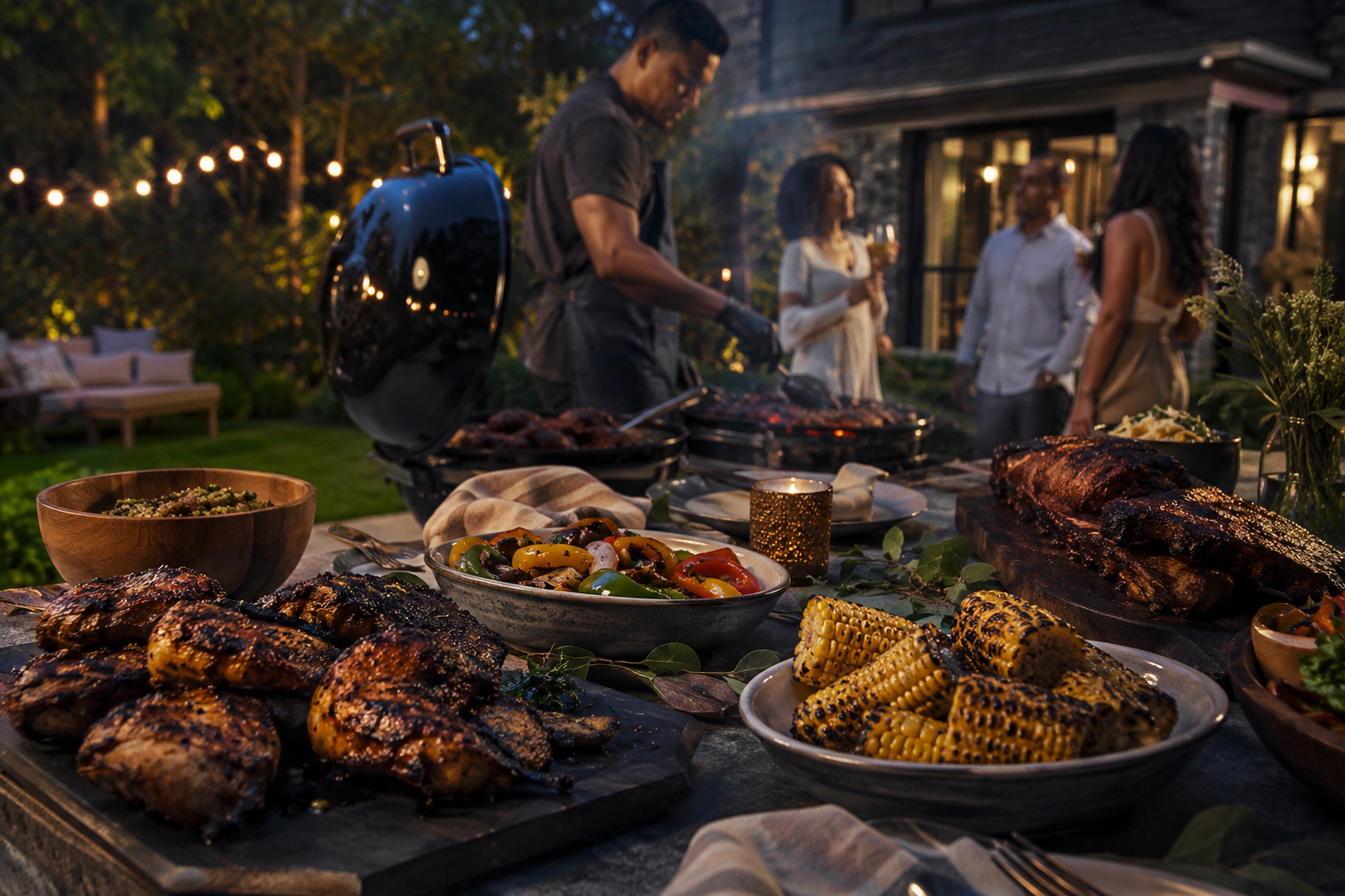 A backyard gathering with fire-grilled food prepared by a private cook