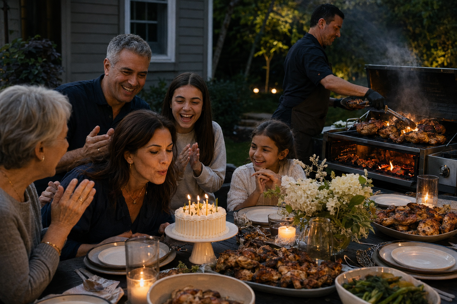 A family celebrating around a backyard dinner while a cook tends the grill