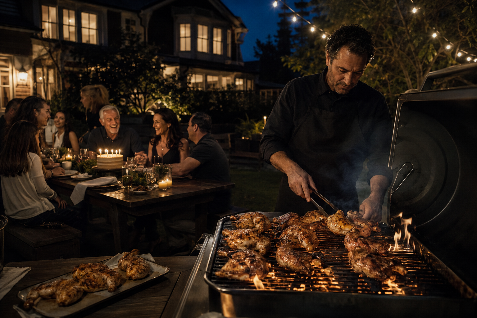 A private cook grilling chicken beside an outdoor dinner gathering at dusk