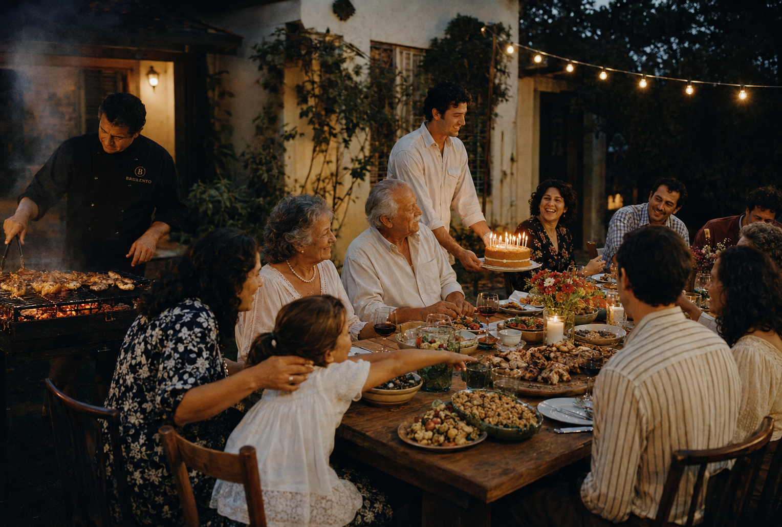 A family gathered around a birthday dinner while a Brulento cook prepares food at the grill